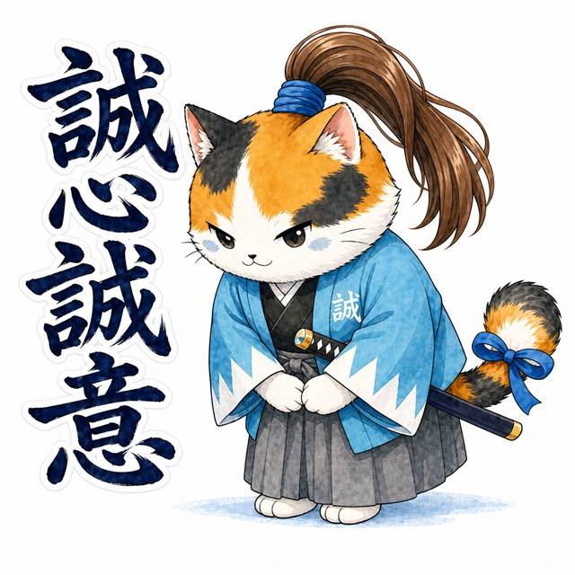 誠心誠意とお辞儀する新選組ねこのスタンプイメージ