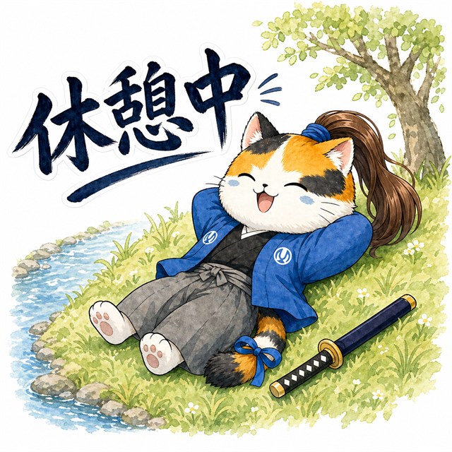 休憩中の武士ねこのスタンプイメージ